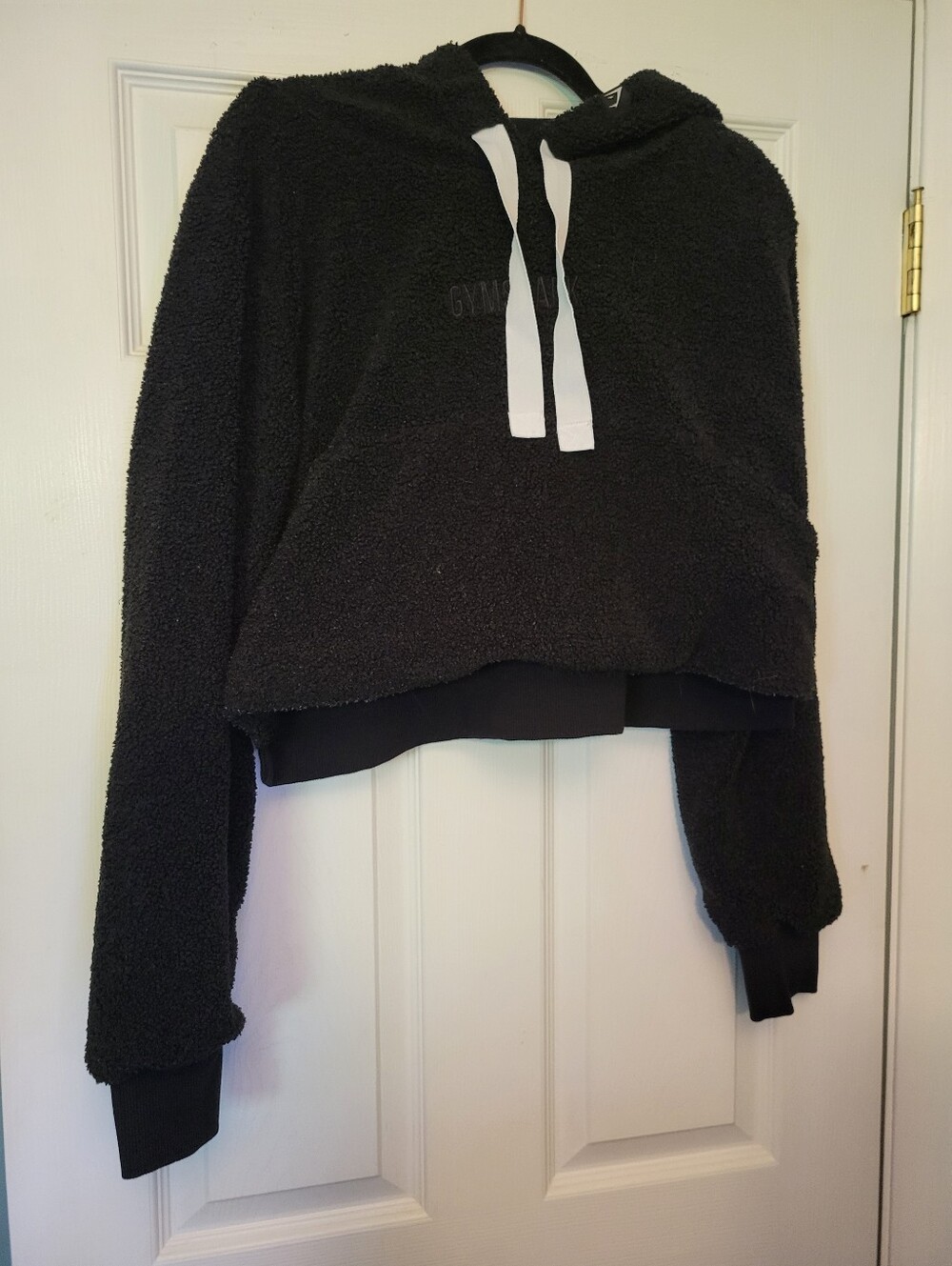 Gymshark Black Sherpa Cropped Hoodie with White Drawstrings M